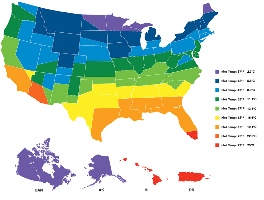 Image of a map of the United States that depicts various zones of ground water temperatures to properly assist in your selection of the best tankless water heater for your home.