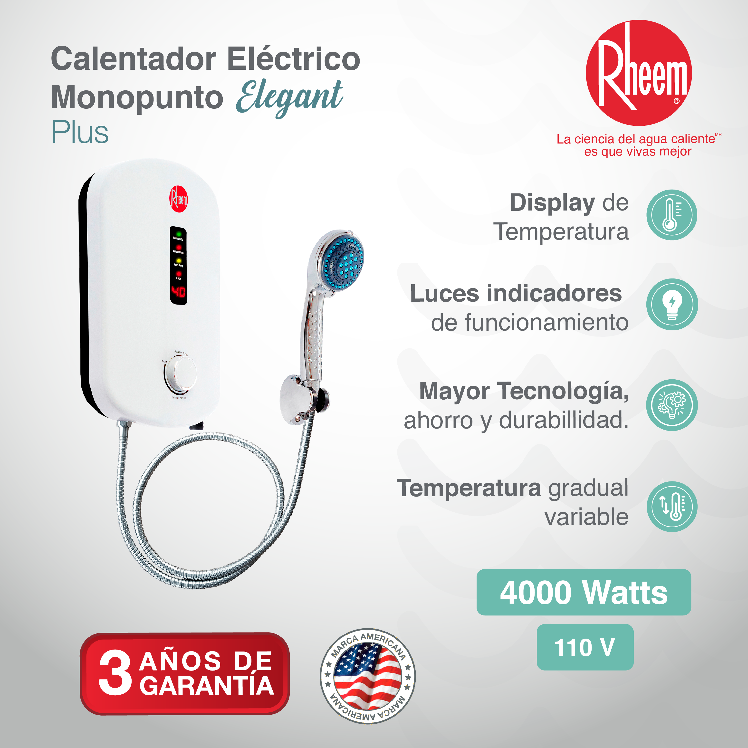Calentador de agua eléctrico Elegant Plus 110v 4kw - Rheem Colombia