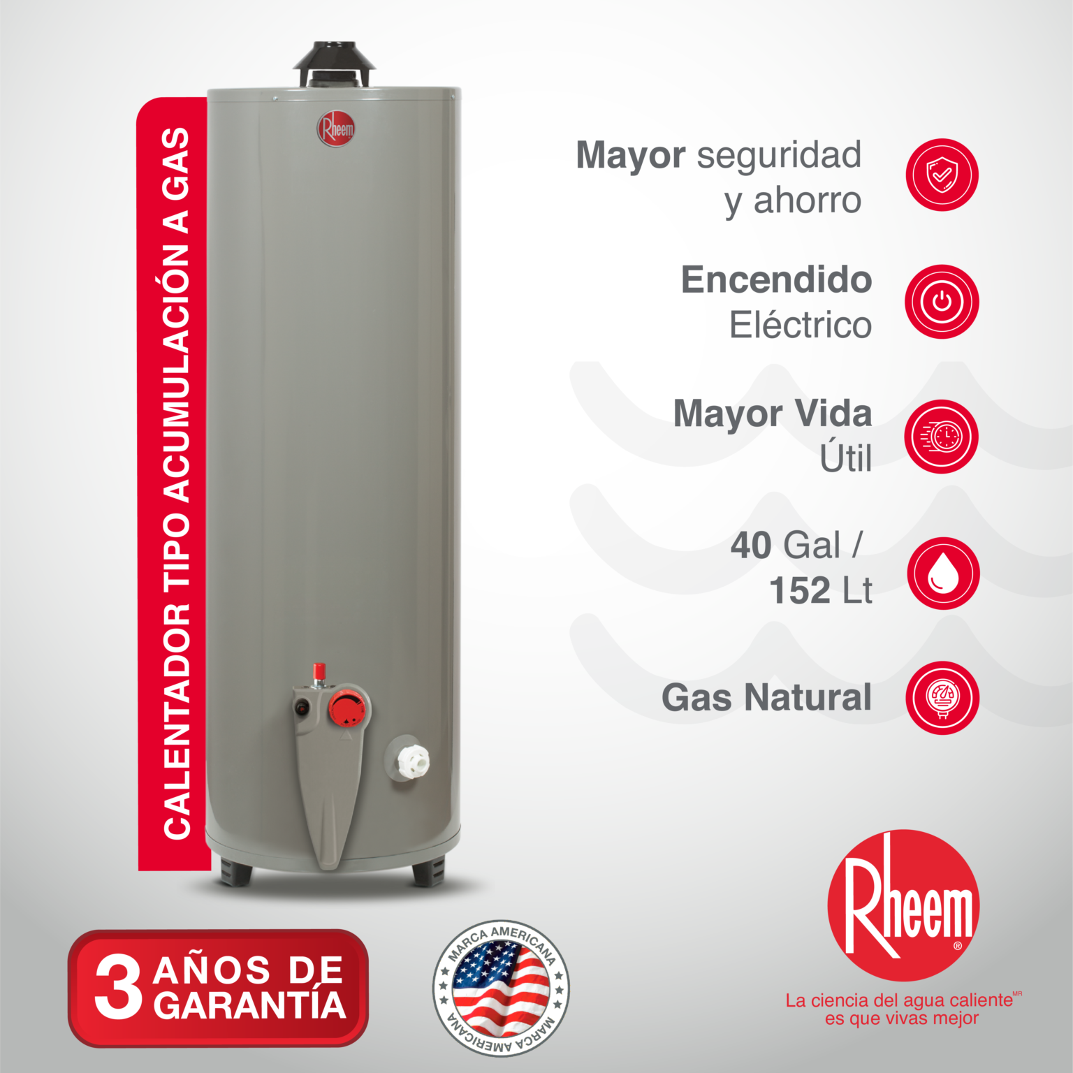 Calentador de agua a gas de acumulación 40 galones / 152 Litros - Rheem ...