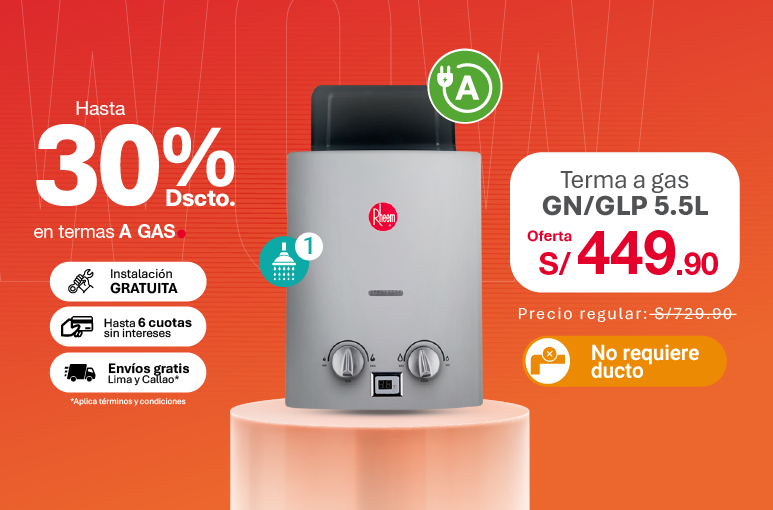 Terma a Gas 5.5 Litros con 30% de descuento por Rheem Wow
