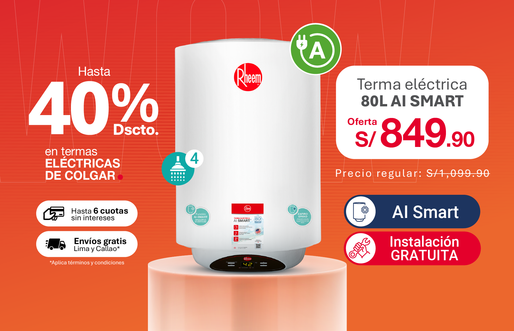 Terma Eléctrica AI Smart 80 Litros con 40% de descuento por Rheem Wow
