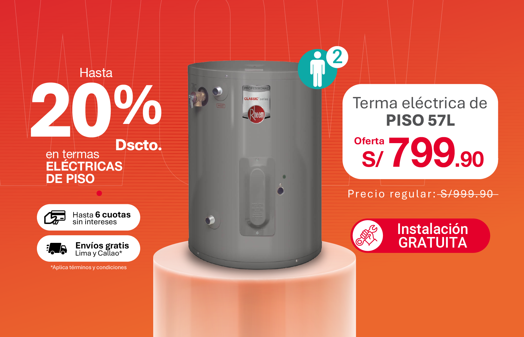 Terma Eléctrica de piso 57 Litros con 20% de descuento por Rheem Wow