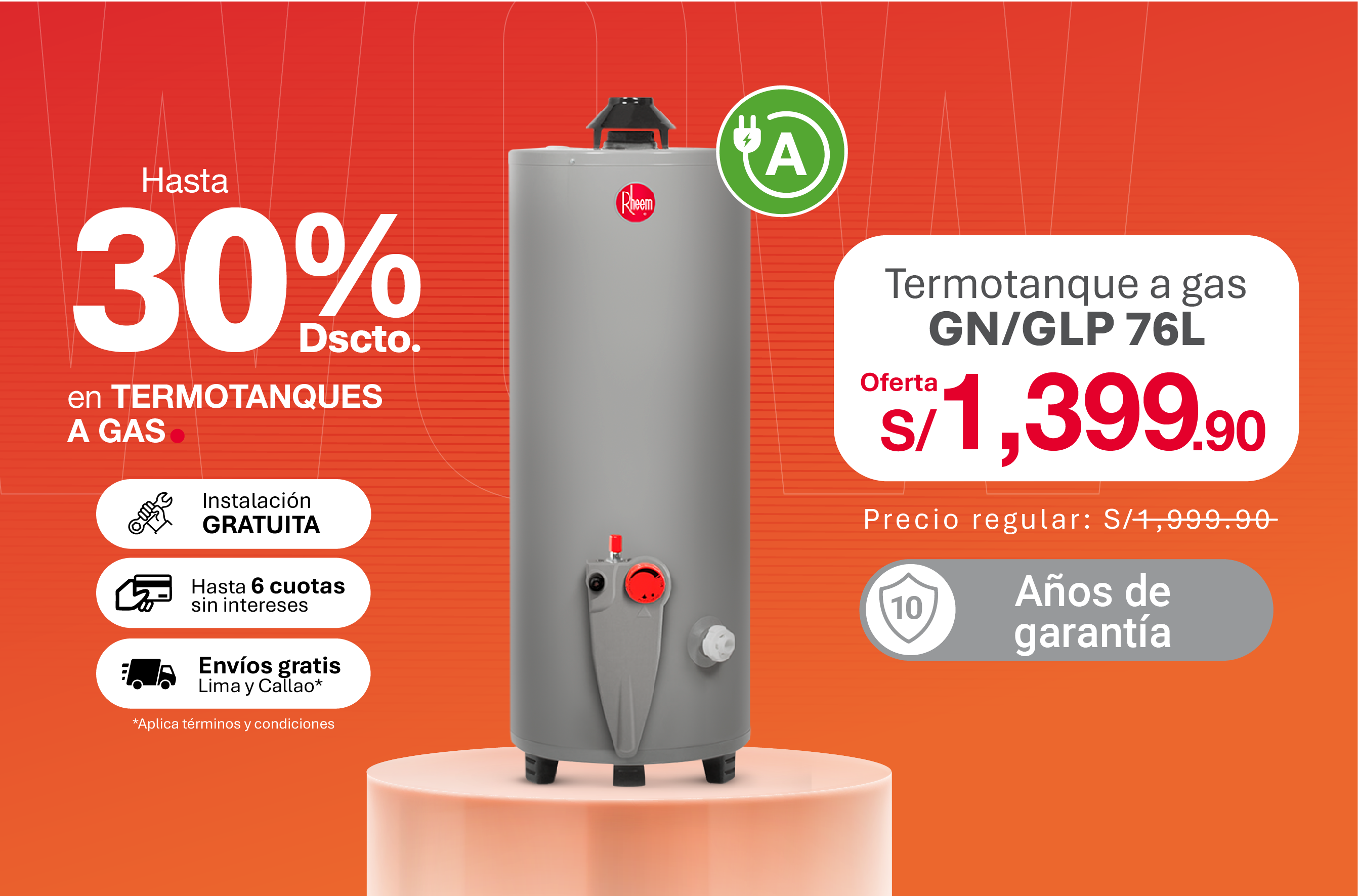Termotanque a Gas de 76 Litros con 30% de descuento por Rheem Wow