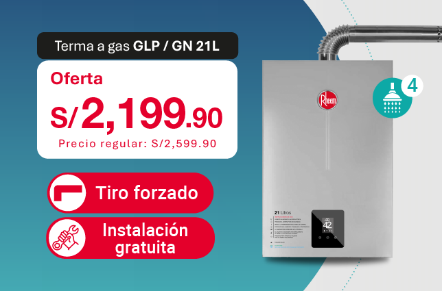 Oferta de terma a gas Rheem 21L GN/GLP con instalación gratuita