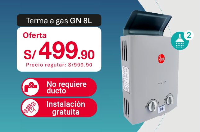 Oferta de terma a gas Rheem 8L GN con instalación gratuita