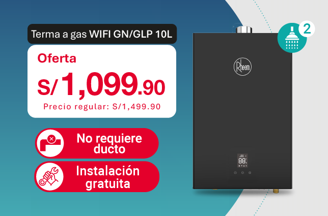 Oferta de terma a gas WiFi Rheem 10L GN/GLP con instalación gratuita