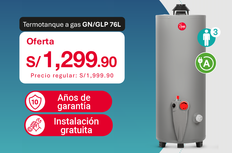 Oferta de termotanque a gas Rheem 76L GN/GLP con instalación gratuita