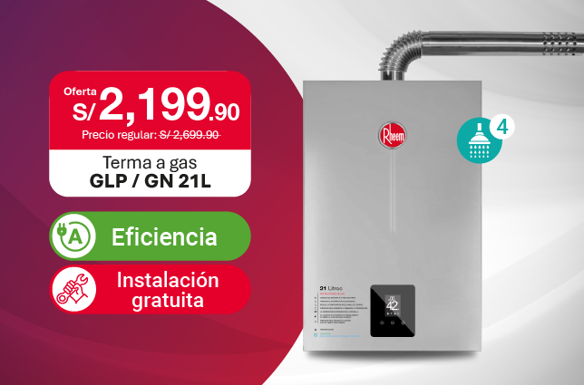 Oferta de terma a gas Rheem 21L GN/GLP con instalación gratuita
