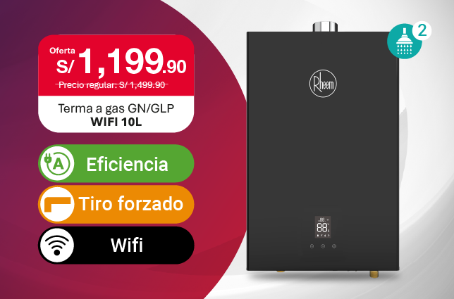 Oferta de terma a gas WiFi Rheem 10L GN/GLP con instalación gratuita
