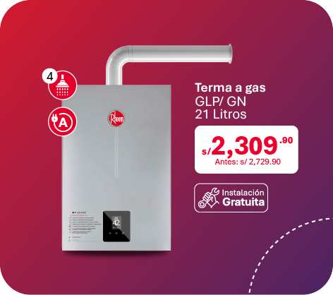 Oferta de terma a gas Rheem 21L GN/GLP con instalación gratuita