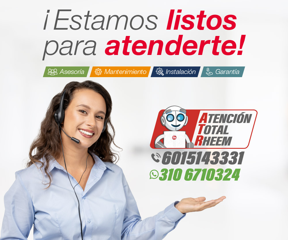 Banner: Atención Total Rheem, Llamar 6015143331 para asesoría, mantenimiento, instalación o garantía para productos Rheem en Colombia